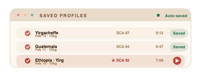 Saved roast profiles list showing three roasts with scores