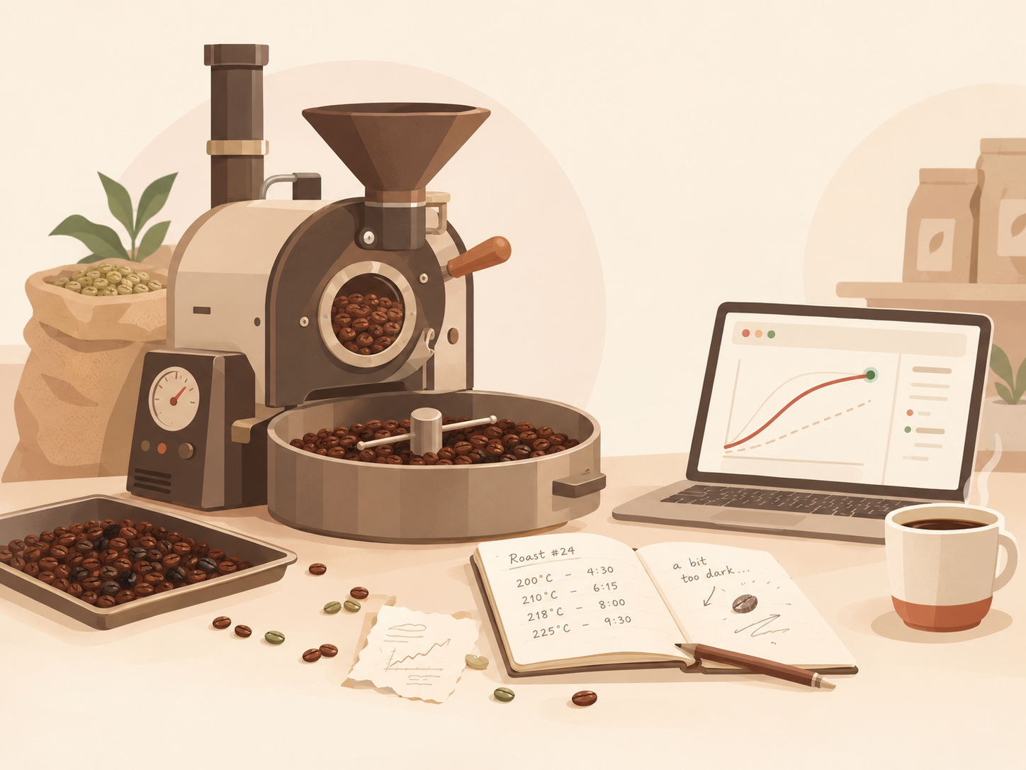 A coffee roaster's bench with a small roaster, cup of coffee, and laptop during a live roast